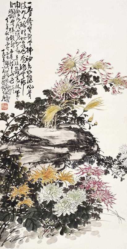 谢公展 1929年作 菊石图 立轴